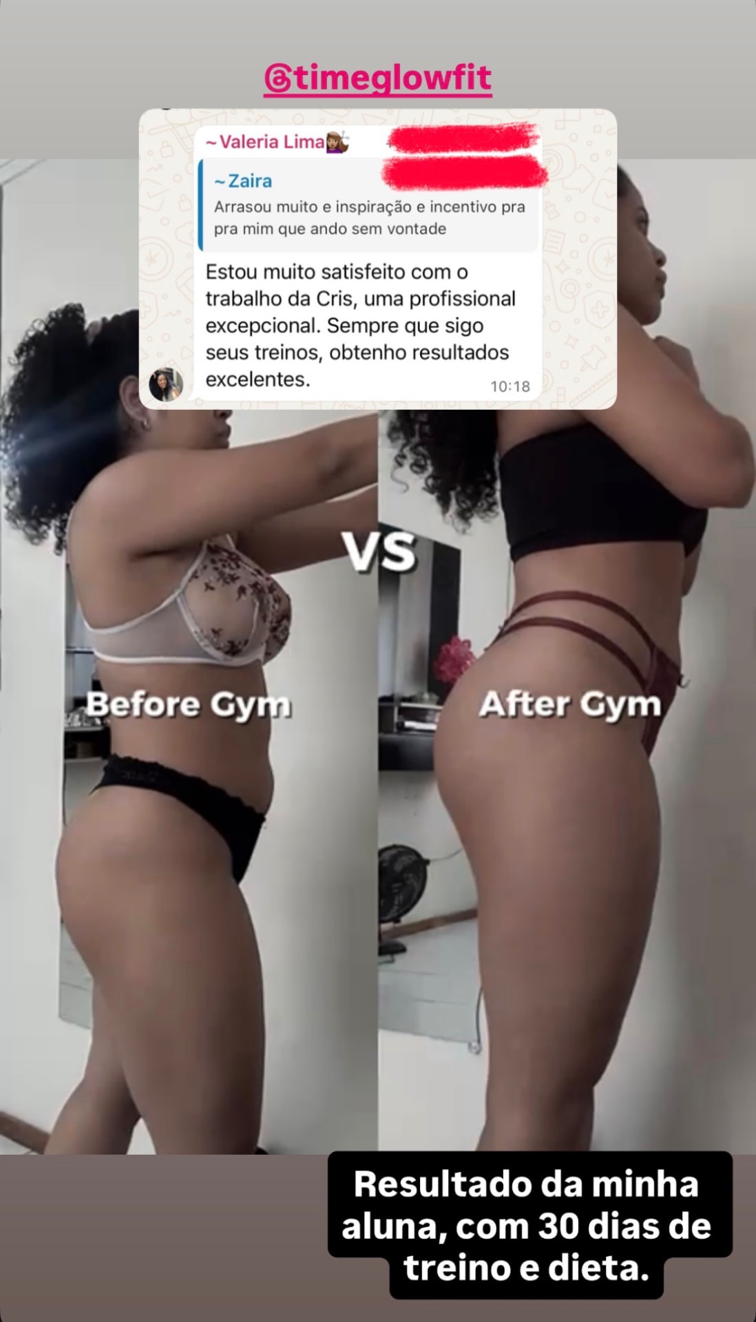 Antes e depois de aluna do projeto Glow Fit — 30 dias de treino e dieta