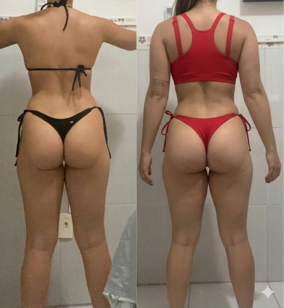Antes e depois de aluna do projeto Glow Fit — Ciclo Glow Fit concluído